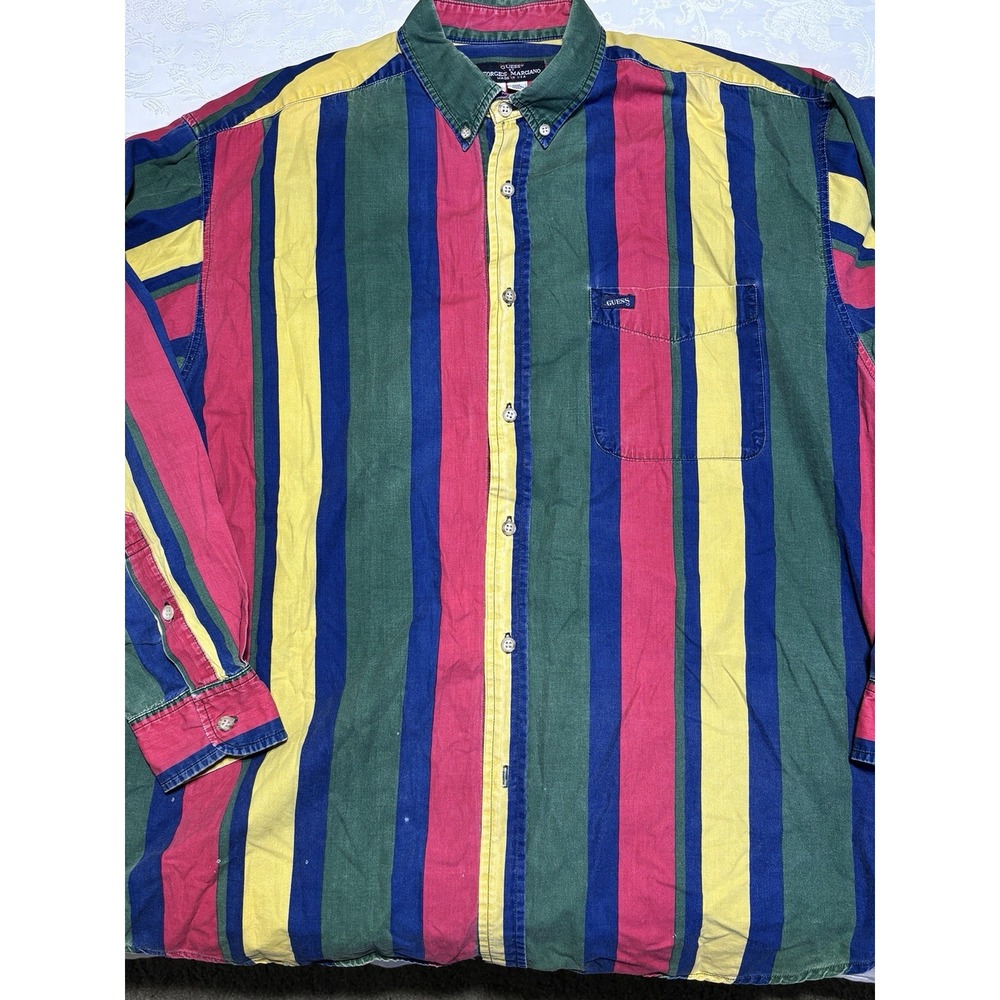 Vintage 80s GUESS Georges‎ Marciano Men M Baggy Button Long Sleeve Shirt Striped
